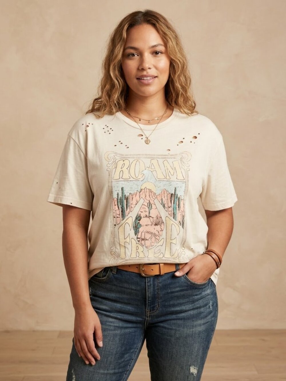 Zutter Roam Free Graphic Tee Distressed Western Desert Shirt Cream Medium